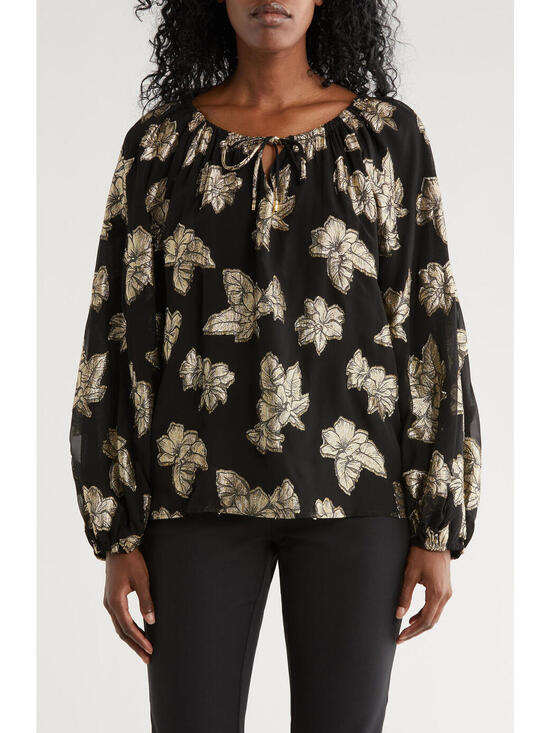 Tommy Bahama Tops - NWT! Tommy Bahama Shimmering Shores Metallic Leaf Print Split Neck Top Size XS